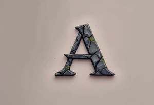 A cracked stone "A" in granite gray with mossy green details. tattoo idea