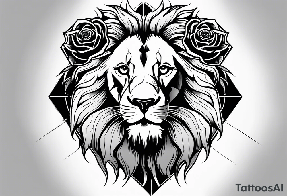 powerful lion with time clock and rose tattoo idea