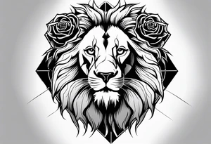 powerful lion with time clock and rose tattoo idea