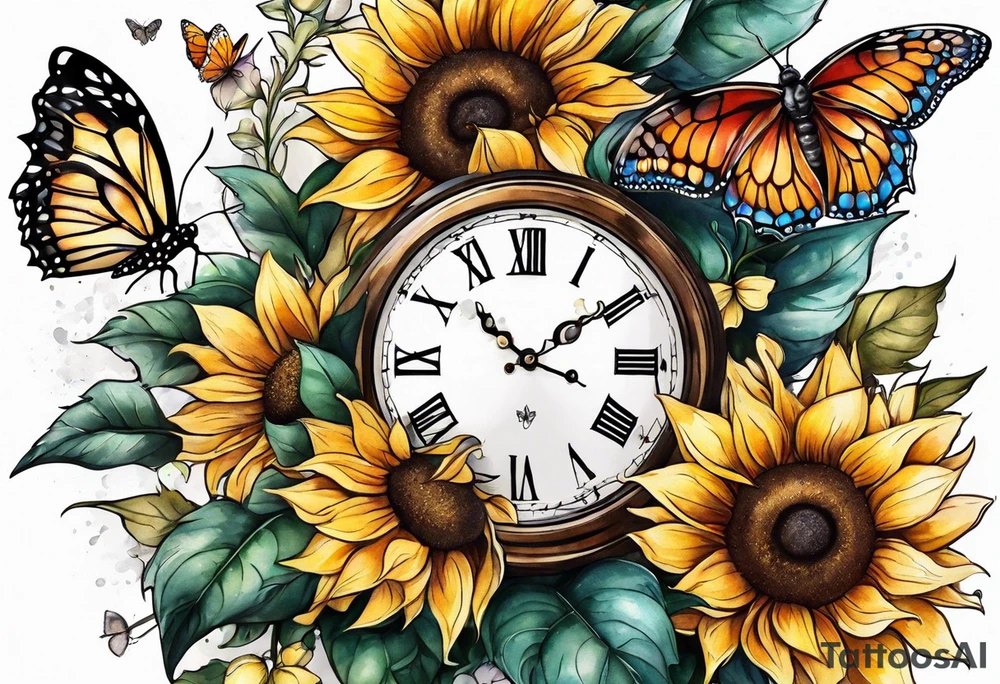 Sleeve with clock, sunflower and butterfly tattoo idea