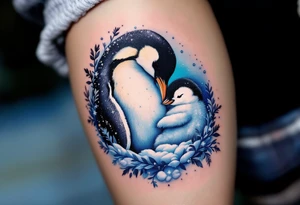 A penguin mother in black and white cuddling her chick in a snowy blue background shows warmth and constant presence. tattoo idea