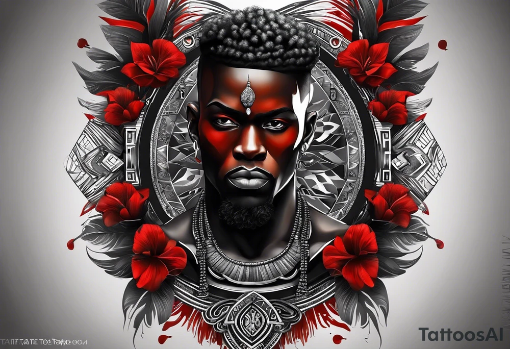 homem divindade africano realista em preto e cinza com os olhos vermelhos. Fundo da imagem com tons vermelhos. Usando na mão um falo de madeira com cabaças penduradas. tattoo idea