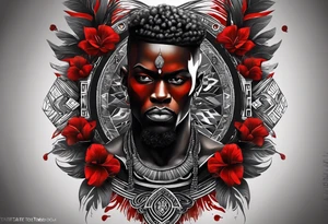 homem divindade africano realista em preto e cinza com os olhos vermelhos. Fundo da imagem com tons vermelhos. Usando na mão um falo de madeira com cabaças penduradas. tattoo idea