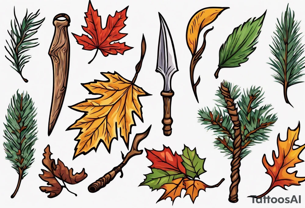 A druid sickle with a oak leaf in the spring, a birch leaf in the summer, a maple leaf with fall colors, and a pine leaf in the winter tattoo idea