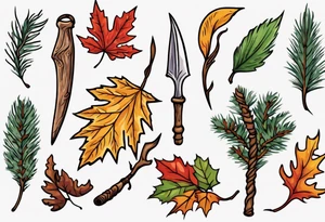 A druid sickle with a oak leaf in the spring, a birch leaf in the summer, a maple leaf with fall colors, and a pine leaf in the winter tattoo idea