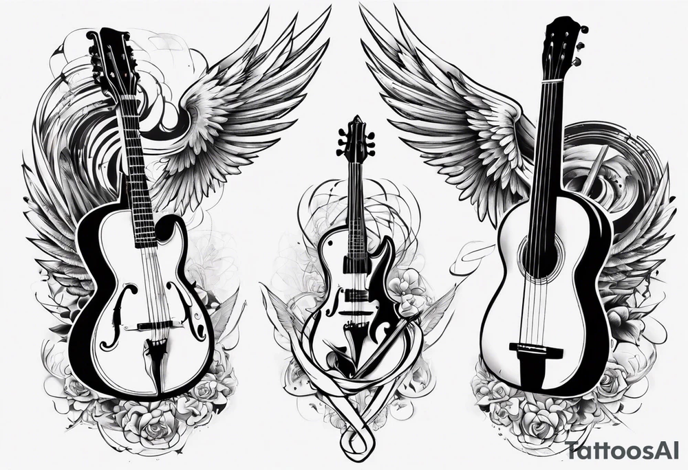 GUITAR AND VIOLIN LEANING AGAINST EACH OTHER
WITH ANGLE WINGS tattoo idea GUITAR AND VIOLIN LEANING AGAINST EACH OTHER
WITH ANGLE WINGS tattoo idea
