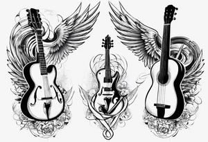 GUITAR AND VIOLIN LEANING AGAINST EACH OTHER 
WITH ANGLE WINGS tattoo idea