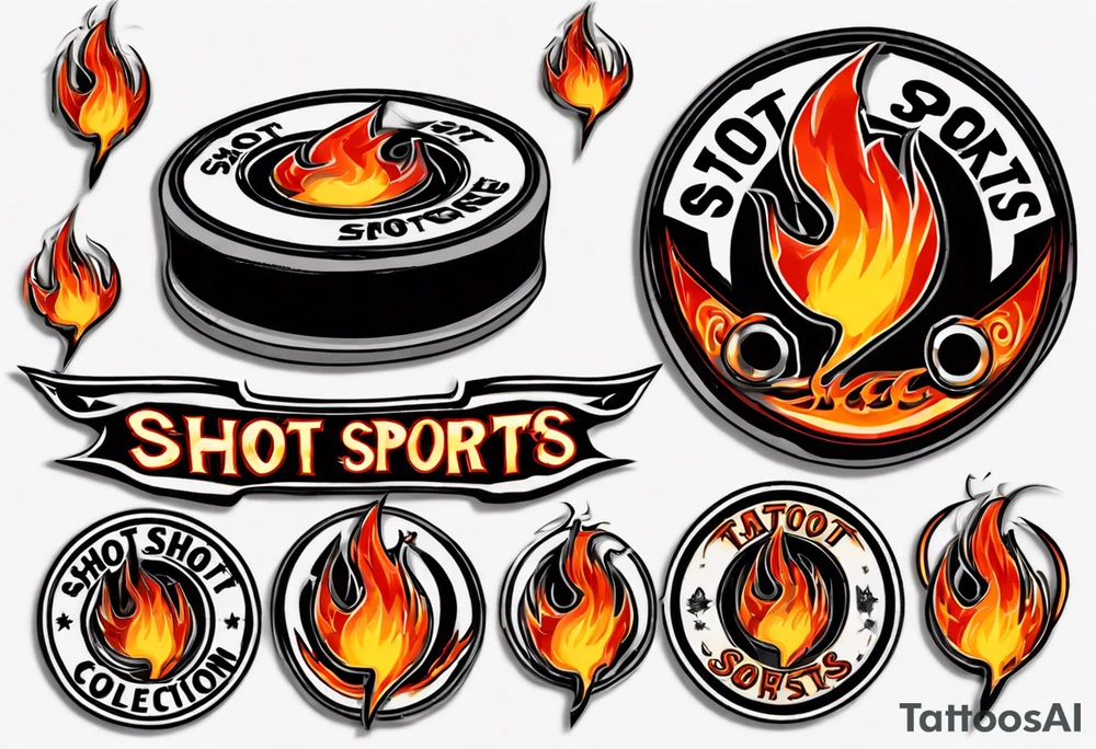 hockey puck with flames on it's side that says "SHOT SPORTS" tattoo idea