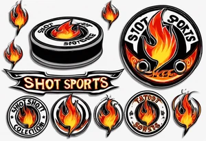 hockey puck with flames on it's side that says "SHOT SPORTS" tattoo idea
