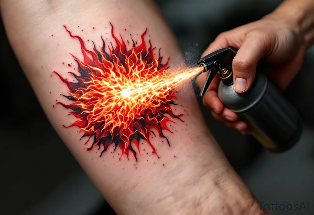 A fire extinguisher spraying a burst of flames, white mist and blazing reds and oranges. tattoo idea