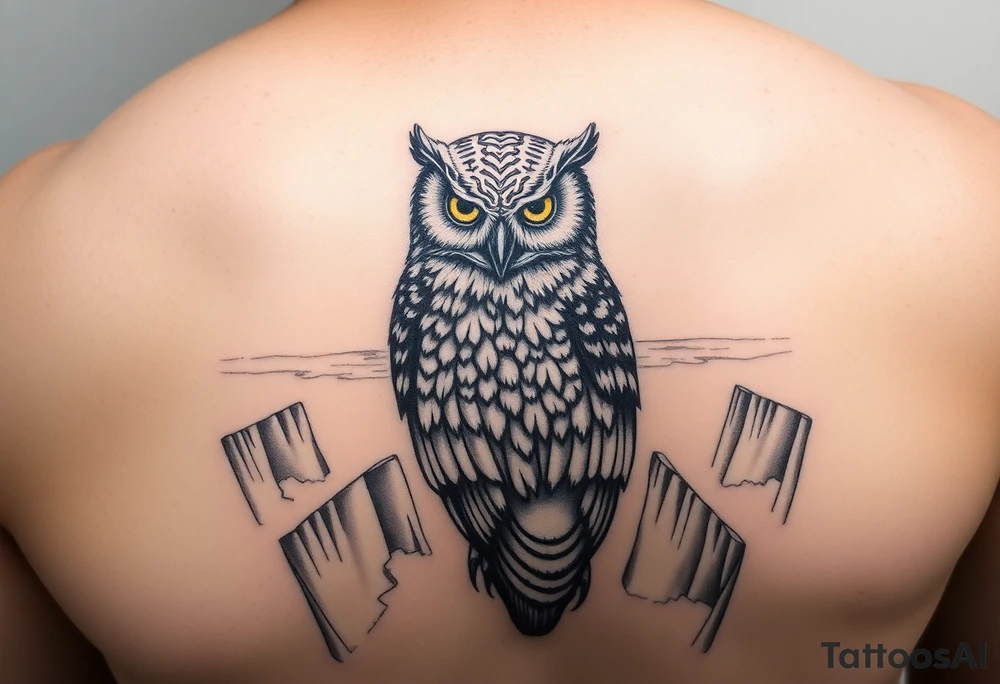 Real-life image of a Masked owl overlooking the Death Star trench with waves from a beach in the background. The tattoo will be for the left shoulder tattoo idea