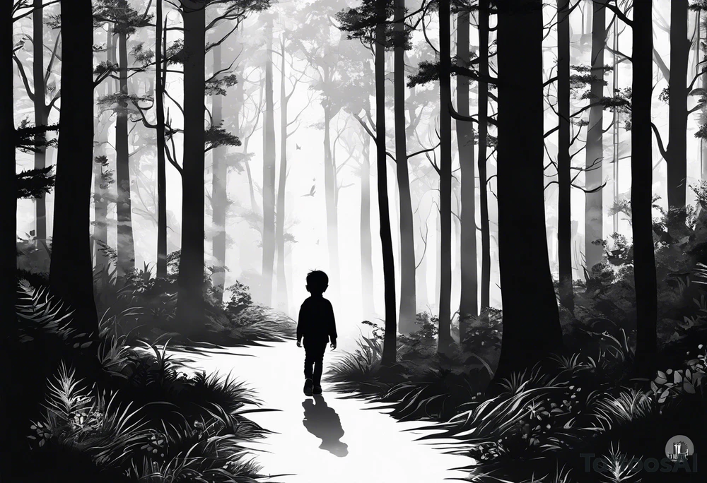 A silhouette of a young child walking through a dark, expansive forest tattoo idea
