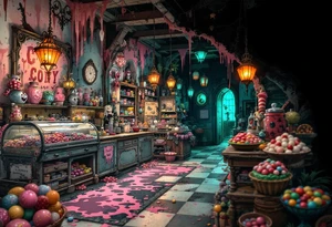 Tim Burton’s candy shop is abandoned and dripping with muted reds, dusty pinks, and eerie green glow. tattoo idea