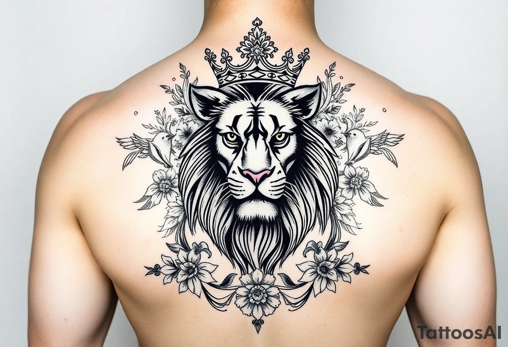 powerful majestic lion with a crown, surrounded by floral ornaments and birds tattoo idea