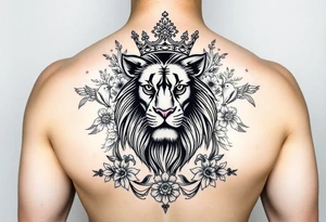 powerful majestic lion with a crown, surrounded by floral ornaments and birds tattoo idea