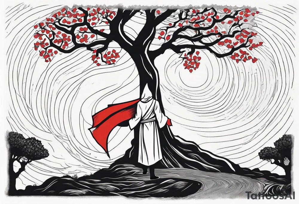 Hooded man in white. Right hand up. Left hand holding a bow. A one red and one white snake intertwining going up the front of the robe. Large oak tree behind him. And two paths going around him and the tree. tattoo idea