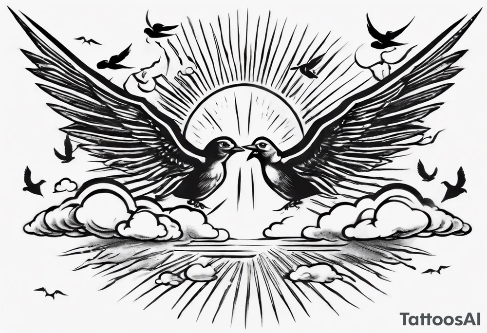 a shoulder tattoo with rays of light, clouds and birds flying free tattoo idea