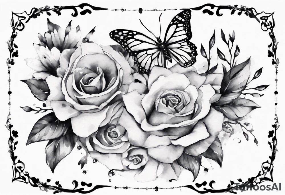 Ankle bracelet tattoo with flowers and butterflies and larger in the centre tattoo idea