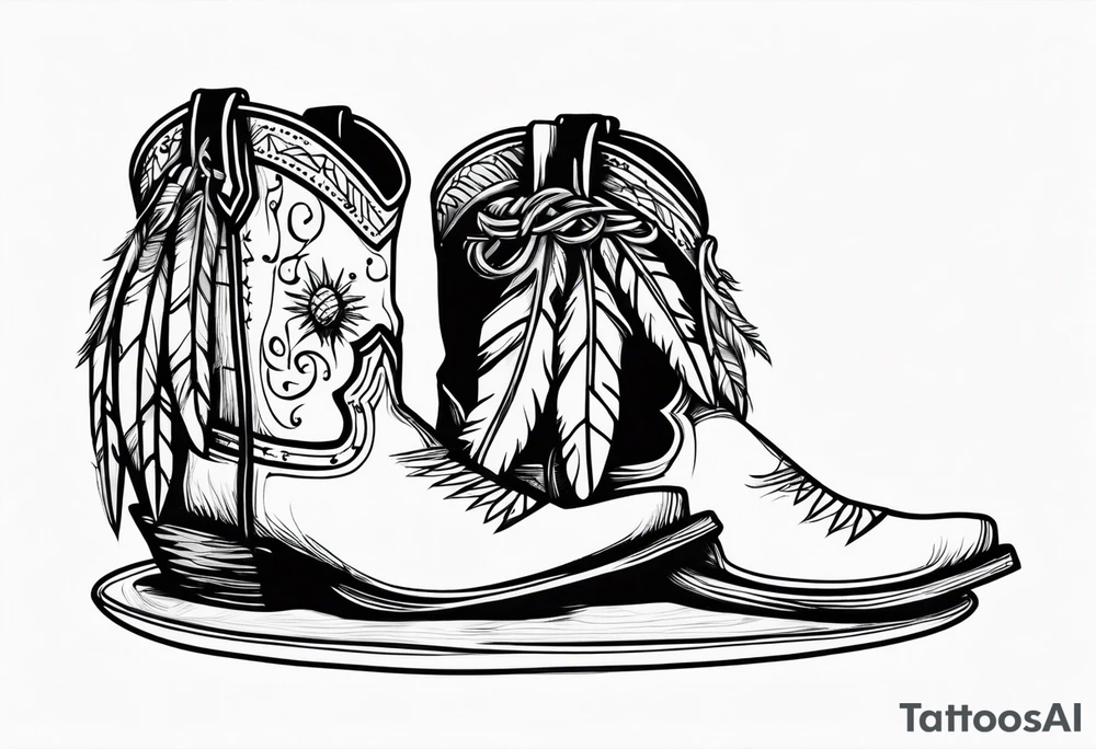 Boots with barbed wire wrapped around and a Indian feather hanging off the wire cowboy hat hanging off the boots tattoo idea