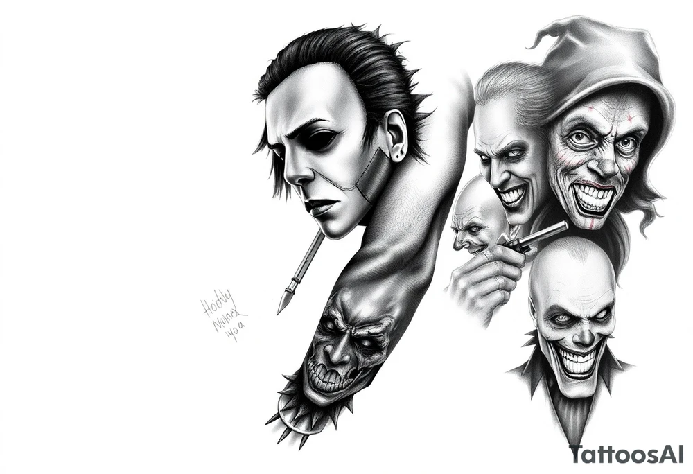 Left full arm sleeve. Michael Myers is the largest and main focal point. It should have the other horror characters like Jason, Freddy, the clown from saw, sam, the leprechaun,  chuckie, pin head, art the clown, leather face penny wise. tattoo idea