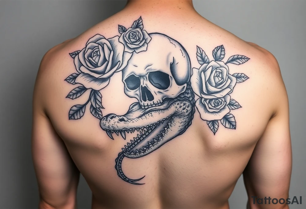 .
dreamy gothic bloom vibe, rose-heavy with dark edges. Imagine swapping the face for your skull, add the gator's tail curling up from the bottom like it's guarding the petals. has the blackwork feel—clean lines, thorny roses, easy to layer an alligator jaw underneath. tattoo idea