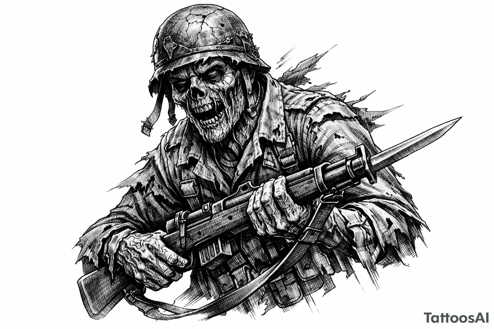 Zombie soldier in tattered uniform, clutching a rifle, bayonet fixed. tattoo idea