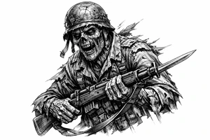 Zombie soldier in tattered uniform, clutching a rifle, bayonet fixed. tattoo idea