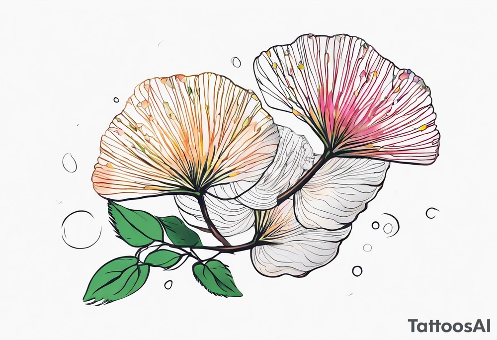 2 Albizia julibrissin blossoms floating with bivalve shells mixed in creating movement tattoo idea
