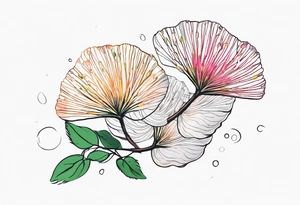 2 Albizia julibrissin blossoms floating with bivalve shells mixed in creating movement tattoo idea