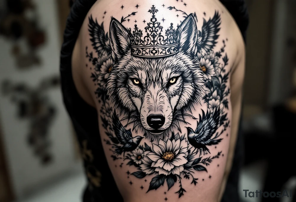 powerful majestic wolf with a crown, surrounded by floral ornaments and birds tattoo idea