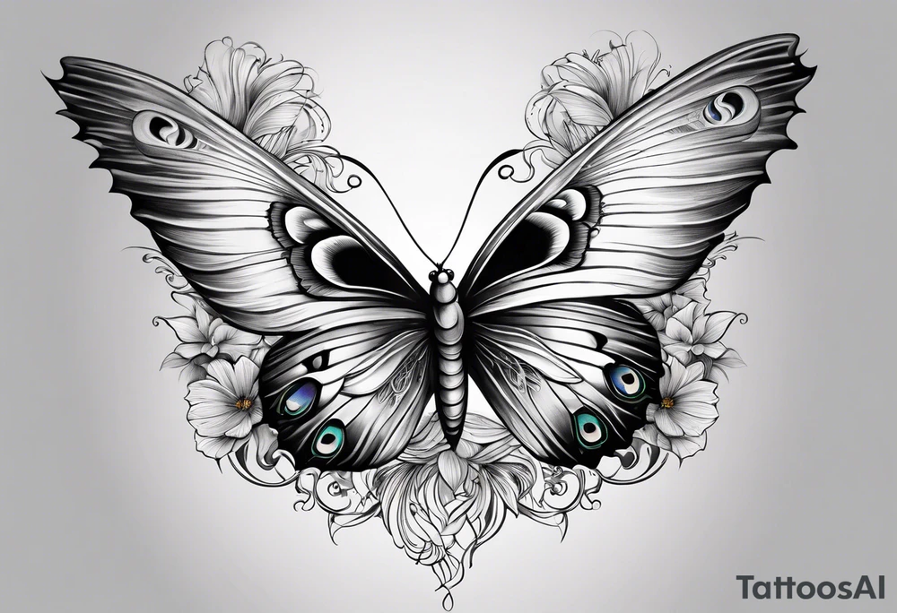 Peacock feather, butterfly, narcissus flower and hummingbird calf tattoo idea