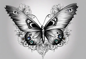 Peacock feather, butterfly, narcissus flower and hummingbird calf tattoo idea