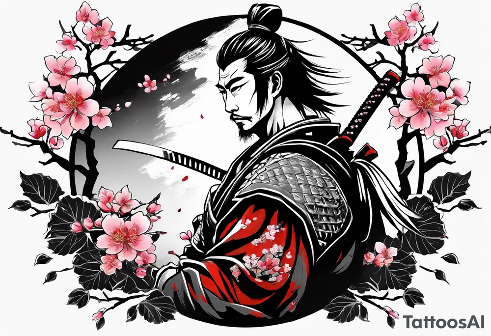 samurai with with in blood, for a forearm
Should contains sakura leaves 
The tatoo should show i have dedication, respect and inner strength, and I try to become better everyday tattoo idea