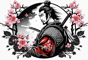 samurai with with in blood, for a forearm
Should contains sakura leaves 
The tatoo should show i have dedication, respect and inner strength, and I try to become better everyday tattoo idea