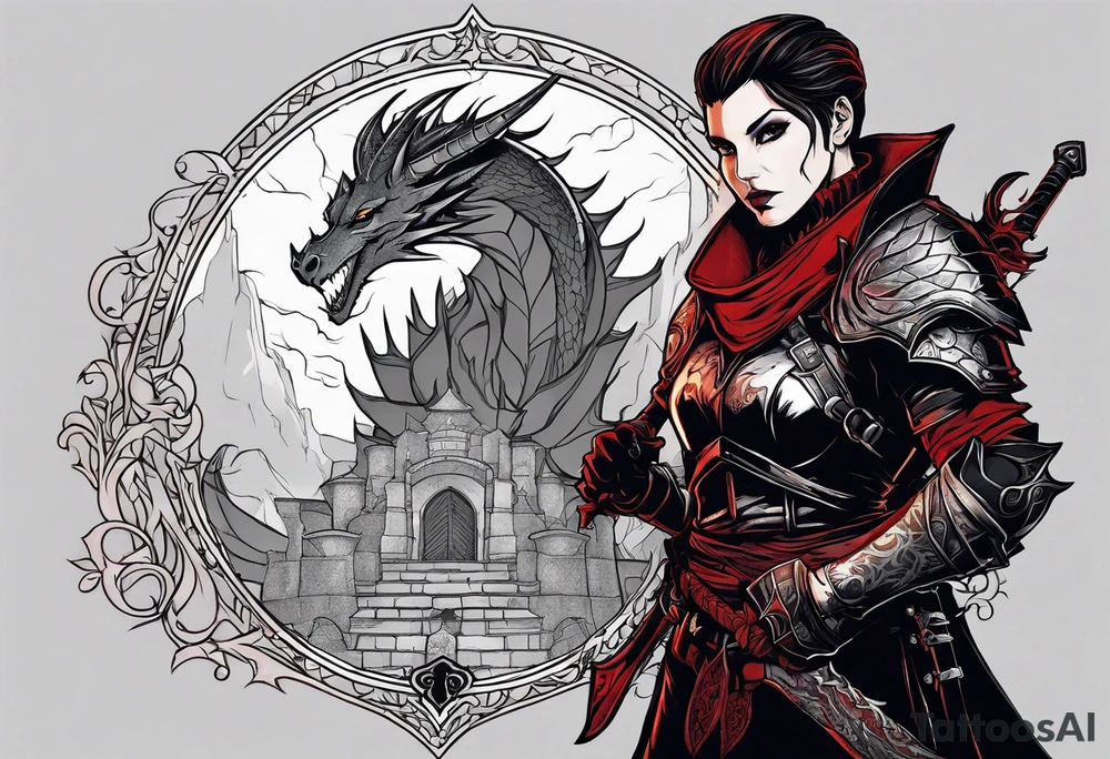 Inquisitor from Dragon Age against the backdrop of the bloody shadow of a dragon. With quote as long as my heart beats I will fight. tattoo idea
