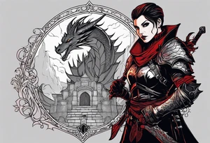 Inquisitor from Dragon Age against the backdrop of the bloody shadow of a dragon. With quote as long as my heart beats I will fight. tattoo idea