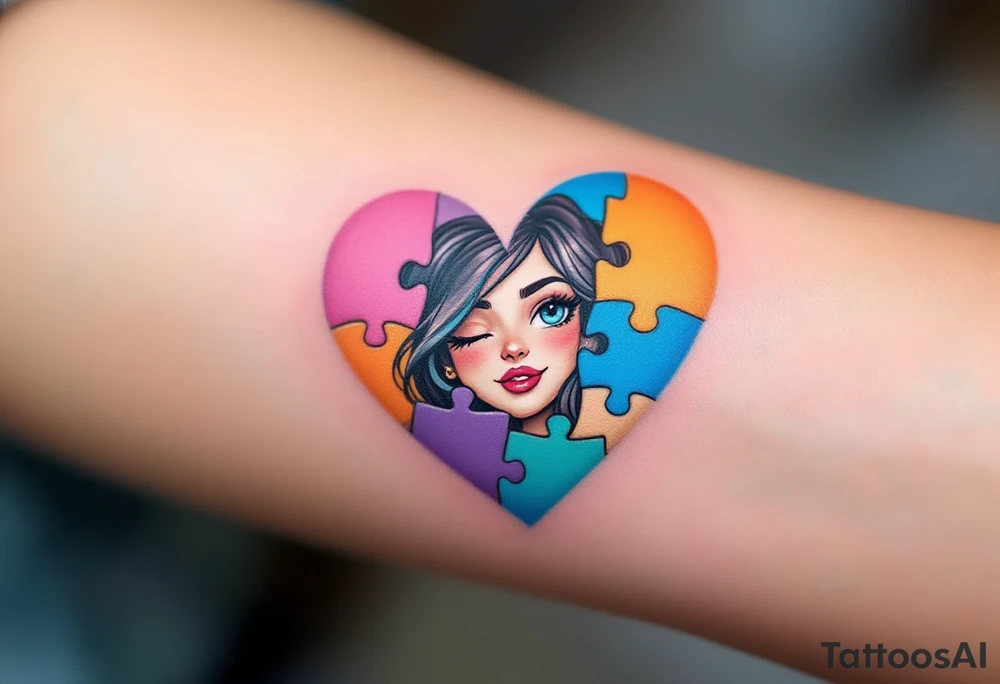A heart made of puzzle pieces, each piece a different pastel, with Lenka in the center. tattoo idea