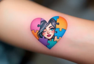 A heart made of puzzle pieces, each piece a different pastel, with Lenka in the center. tattoo idea