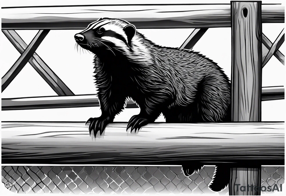 honey badger climbing up/over, claws near face, behind, on its back legs, looking over fence, full body tattoo idea