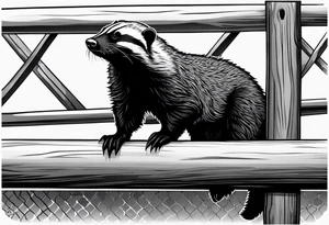 honey badger climbing up/over, claws near face, behind, on its back legs, looking over fence, full body tattoo idea