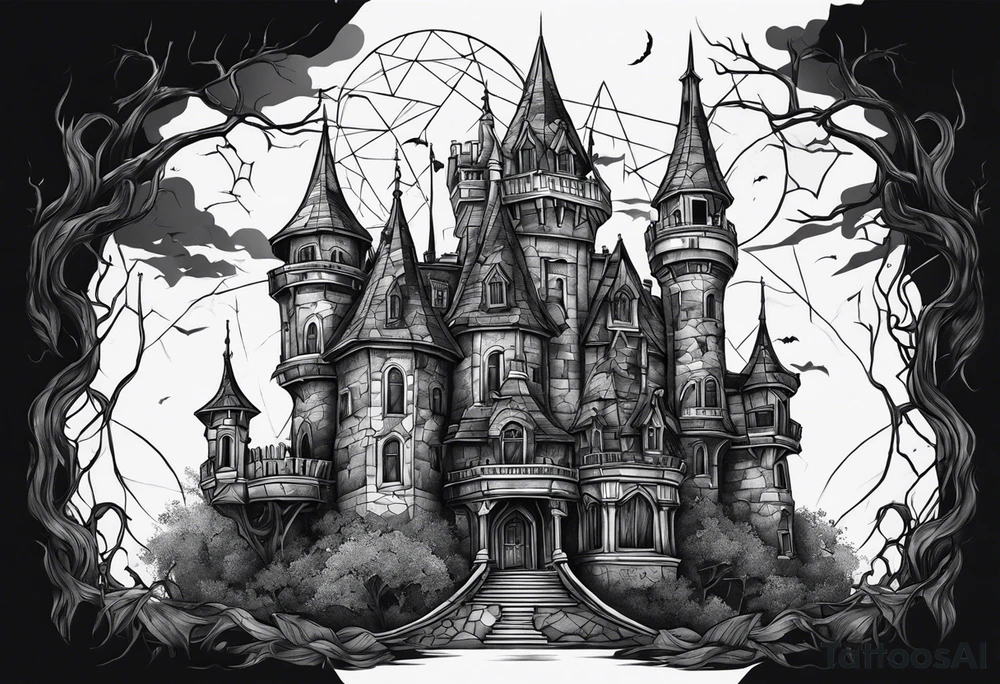 Scary rotting haunted castle tattoo idea
