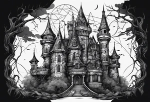 Scary rotting haunted castle tattoo idea