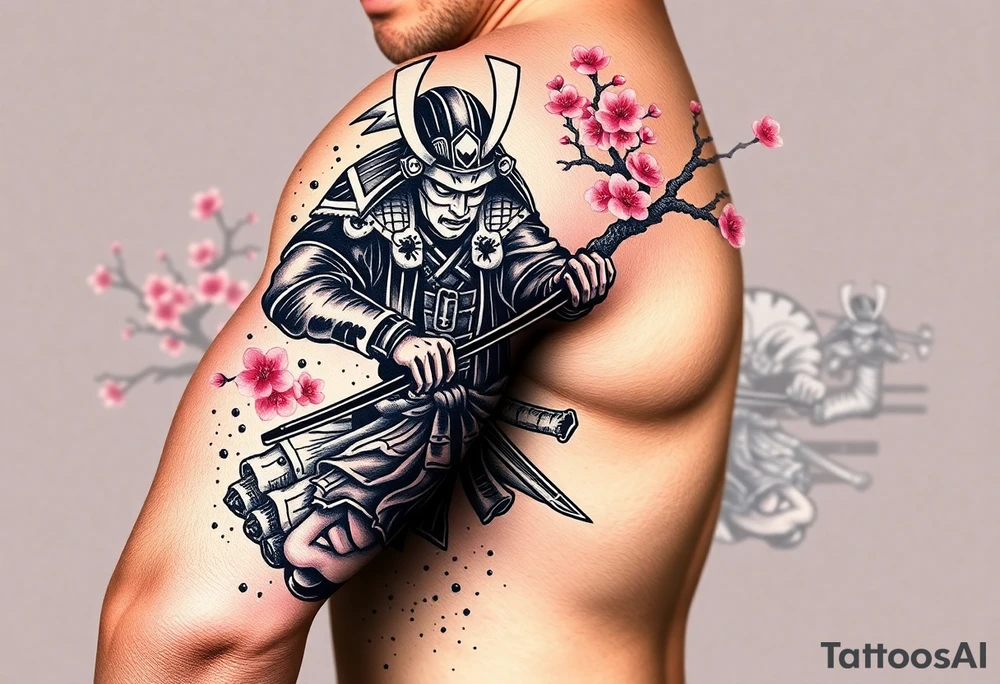 Samurai in a fighting position on the forearm with a cherry blossom tree on the shoulder. Background should be some cherry blossoms with a japanese village in the background. tattoo idea