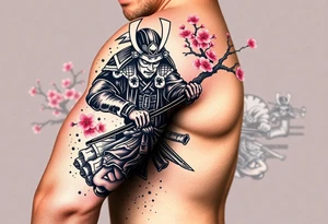 Samurai in a fighting position on the forearm with a cherry blossom tree on the shoulder. Background should be some cherry blossoms with a japanese village in the background. tattoo idea