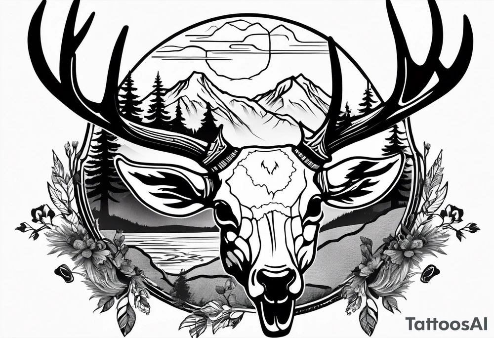 elk skull with mountains and trees
with a stream and birds overhead tattoo idea