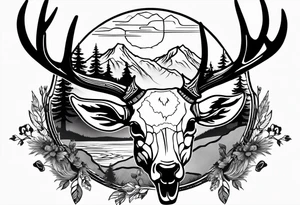 elk skull with mountains and trees
with a stream and birds overhead tattoo idea