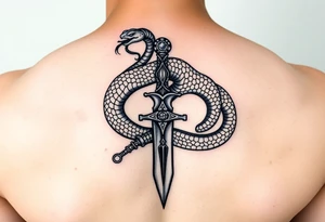 mystical snake coiled around an ancient dagger with jeweled hilt tattoo idea