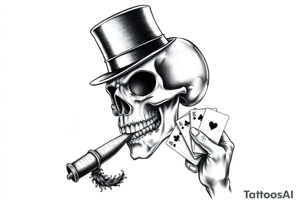 a skull with mustache, a big cigar in his mouth,top-hat on his head and playing cards in a hand. tattoo idea