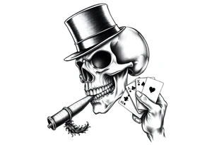 a skull with mustache, a big cigar in his mouth,top-hat on his head and playing cards in a hand. tattoo idea