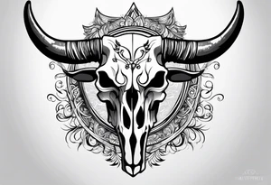 Long horn skeleton with IR brand on forehead tattoo idea